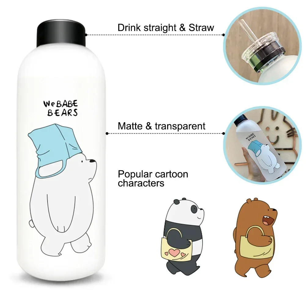 1000ml Water Bottles Cute Panda Bear Cup with Straw Transparent Cartoon Kawaii Water Bottle Drinkware Frosted Cup Protein Shaker