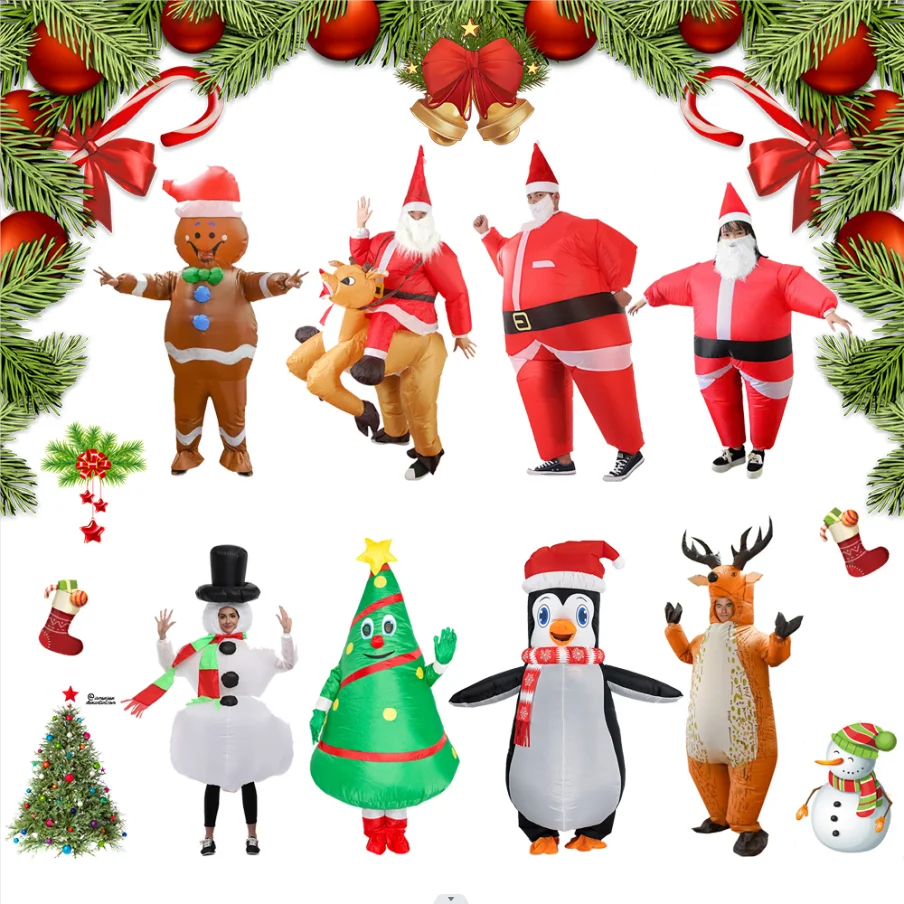 Christmas Funny Inflatable Costumes Gingerbread Man Santa Claus Elk Snowman Tree Penguin Adult Kid Halloween Carnival Party