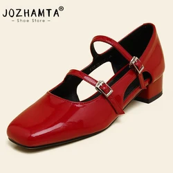 JOZHAMTA Size 34-39 Women Pumps Genuine Leather Rome Buckle Strap High Heels Shoes For Women Red Chunky Heel Goth Ladies Sandals