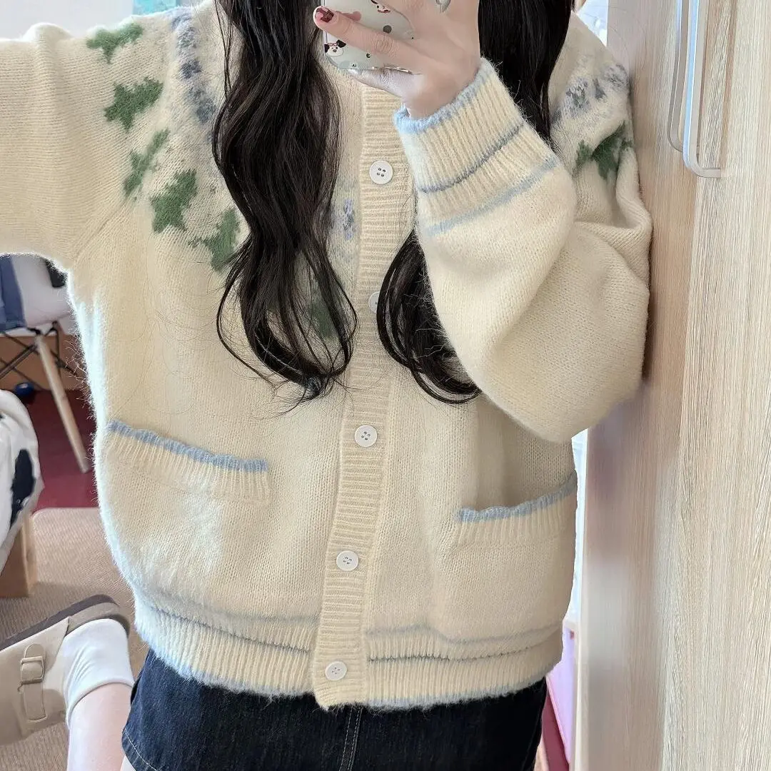 

Kimotimo Sweet Jacquard Knitted Cardigan Women Autumn Winter O Neck Single Breasted Pocket Sweater Coat Casual Long Sleeve Tops