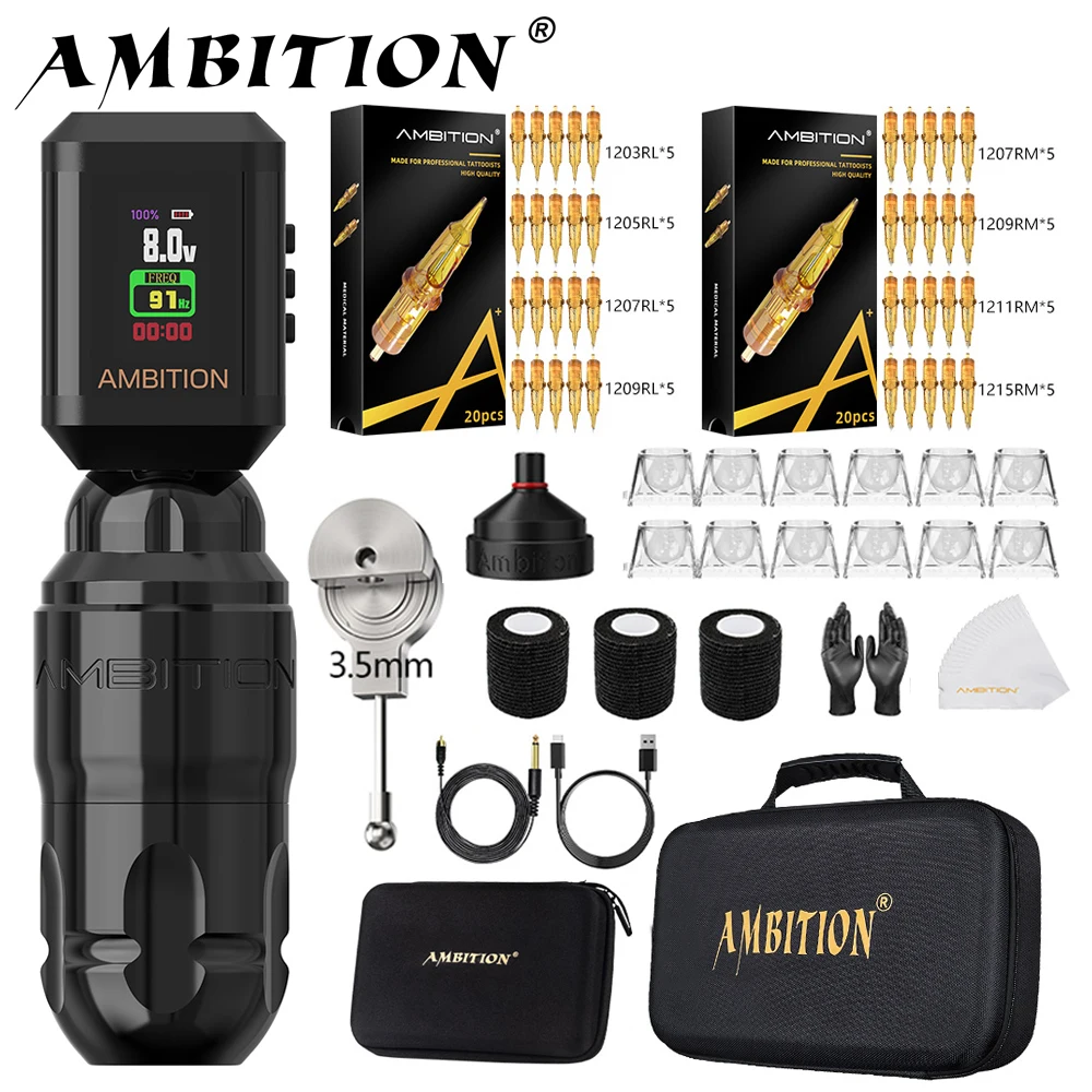 Ambition Lutin Kit 2024 Design Straight Rod Tattoo Machine Pen Stroke 3.5mm 4.0mm Brushless Motor Match Korall Wireless Battery