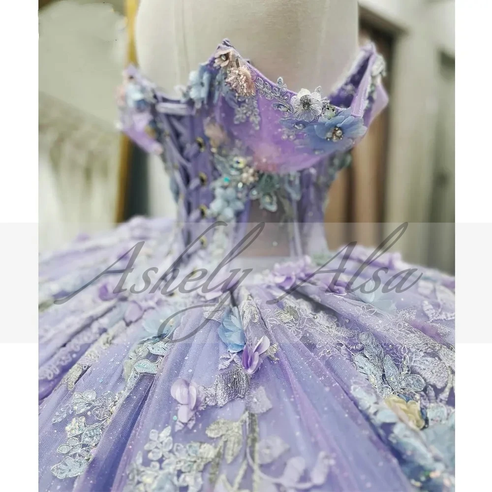 Personalizado lilás princesa menina quinceanera vestidos fora do ombro 3d ilusão floral rendas até bola inchado skit feminino festa de formatura 15