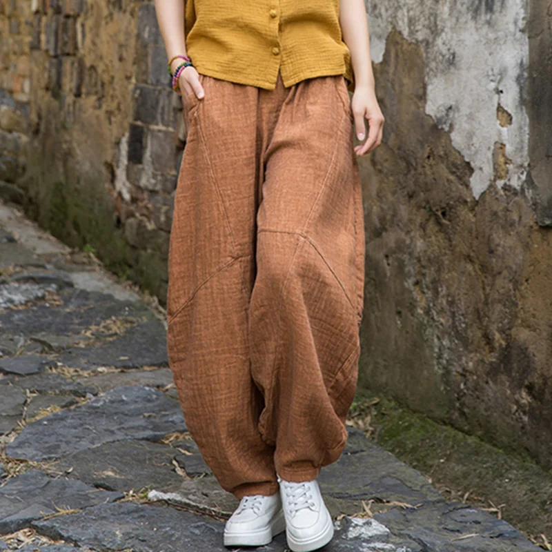 Vintage  Yoga Clothes Cotton  Linen Women High Waist Pants Baggy Loose  Large Oversized Size Women's Cargo Trousers Wide Leg
