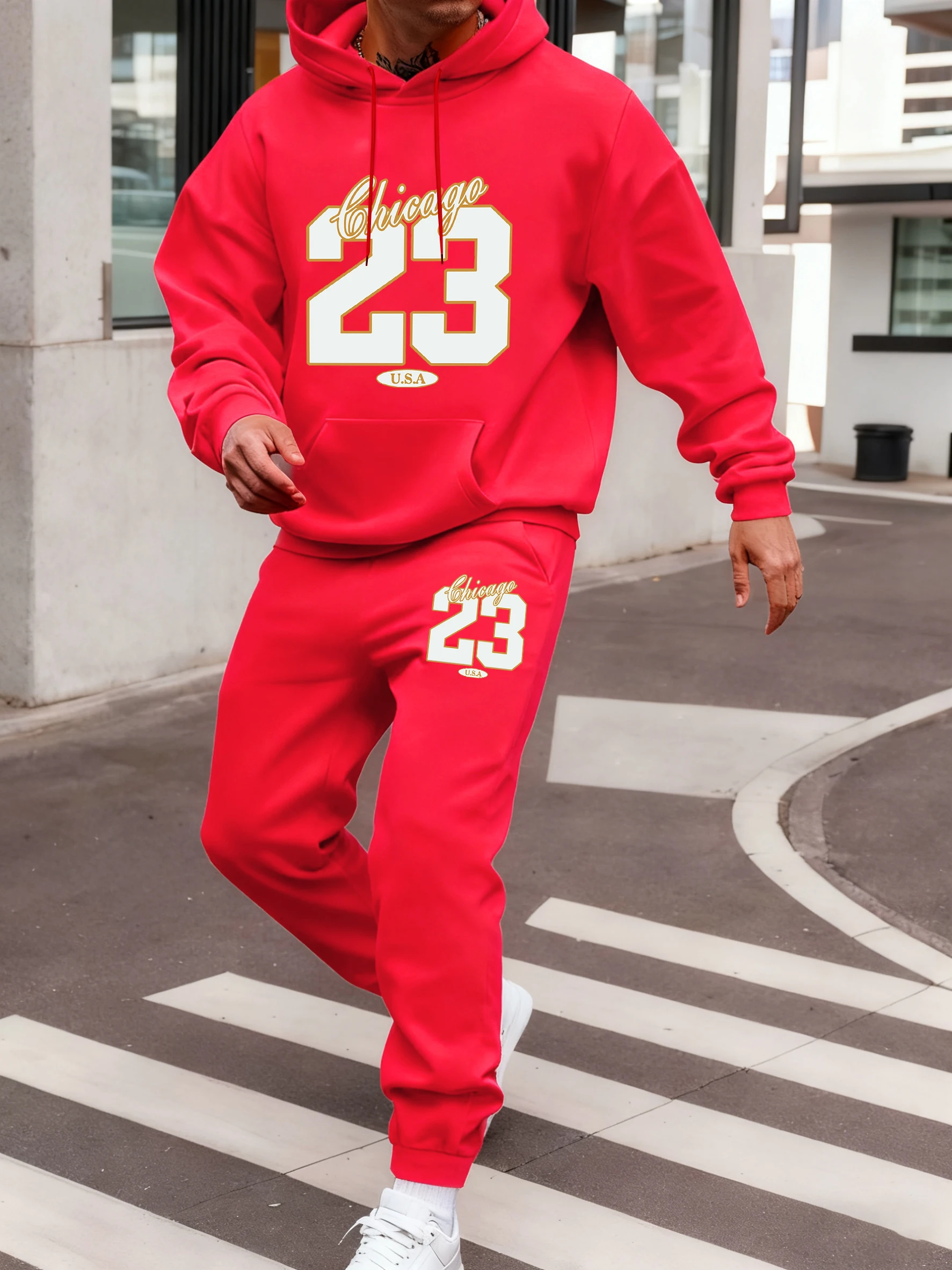 

Chicago Usa Number 23 Print Fleece Clothing Men Sport Pocket Hoodie Set Autumn Casual Sweatpants Comfortable Drawstring Pants