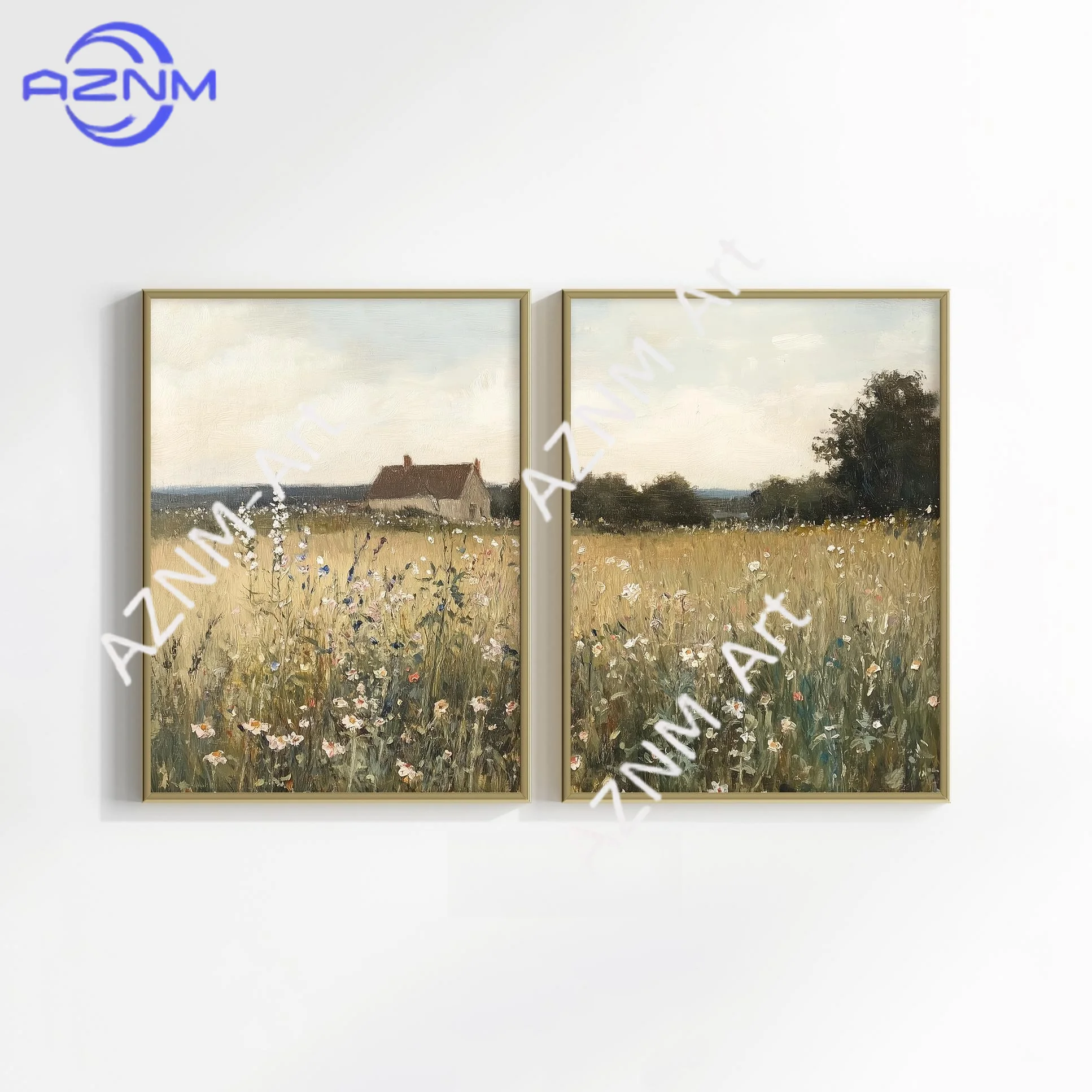 1/2-teiliges Wildblumenfeld-Set mit 2 Drucken, ländliche Vintage-Wandkunst, Landschaftsmalerei, neutraler Split-Print, Bauernhaus-Dekor
