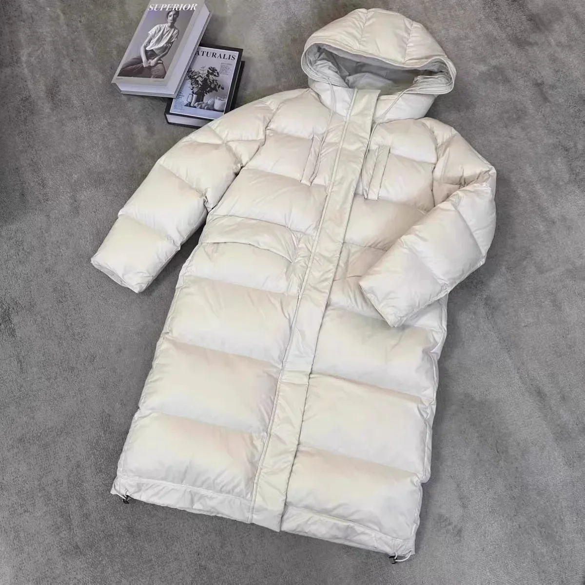 

2025 Winter European Women's Down Jacket Commuter Long Hooded White Duck Down Parker