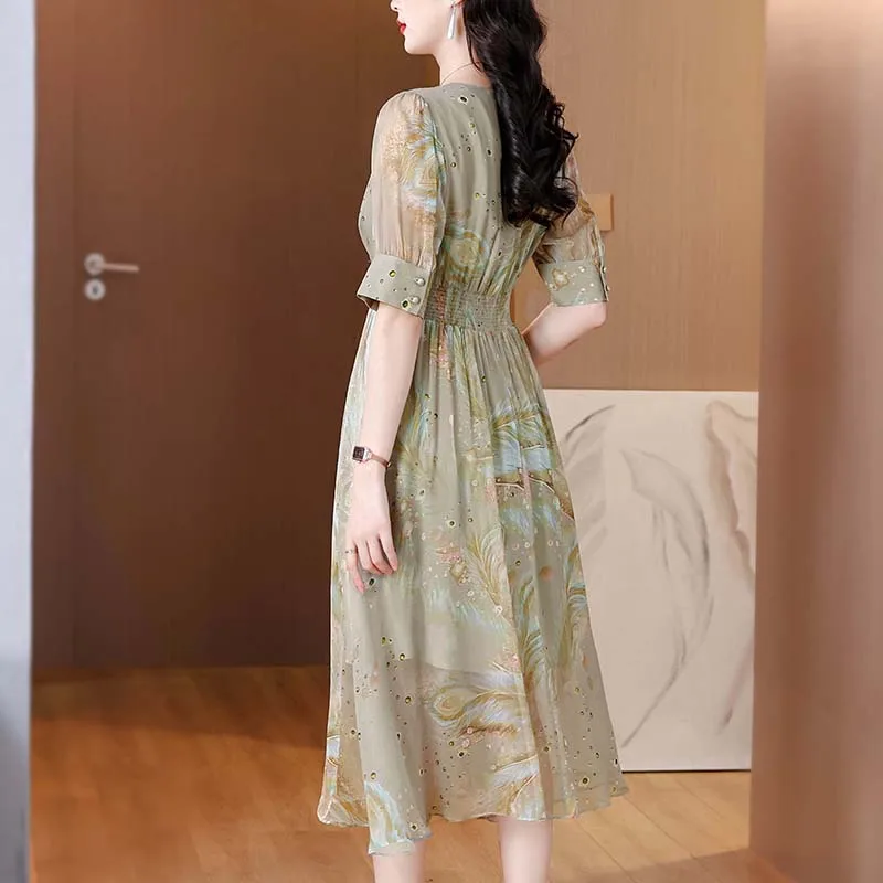 2025 Summer Print Silk Chiffon Elegant Casual Beach Dress Chic V-Neck Casual Long Boho Dress Women Bodycon Party Night Dress
