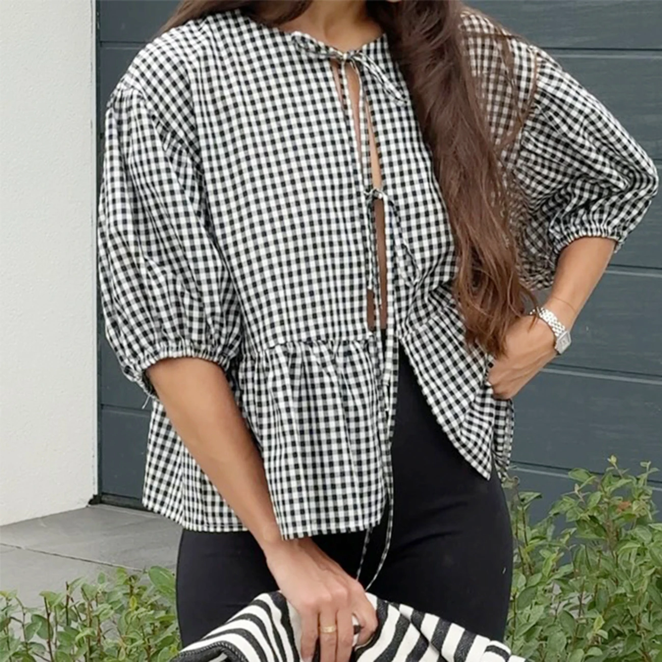 

WXOY Women Plaid Blouse Summer Casual Preppy Style Round Neck Short Puff Sleeve Knot Front Top Streetwear