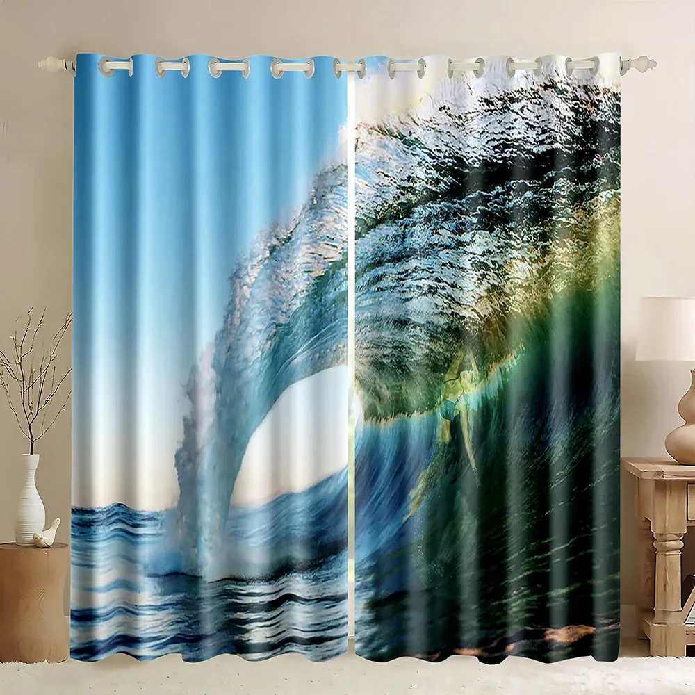 Ocean Window Curtain,3D Print Wave Ocean Wave Sea Blue Green Curtain,Ocean Surfing Theme Summer Tropical Blackout Curtains