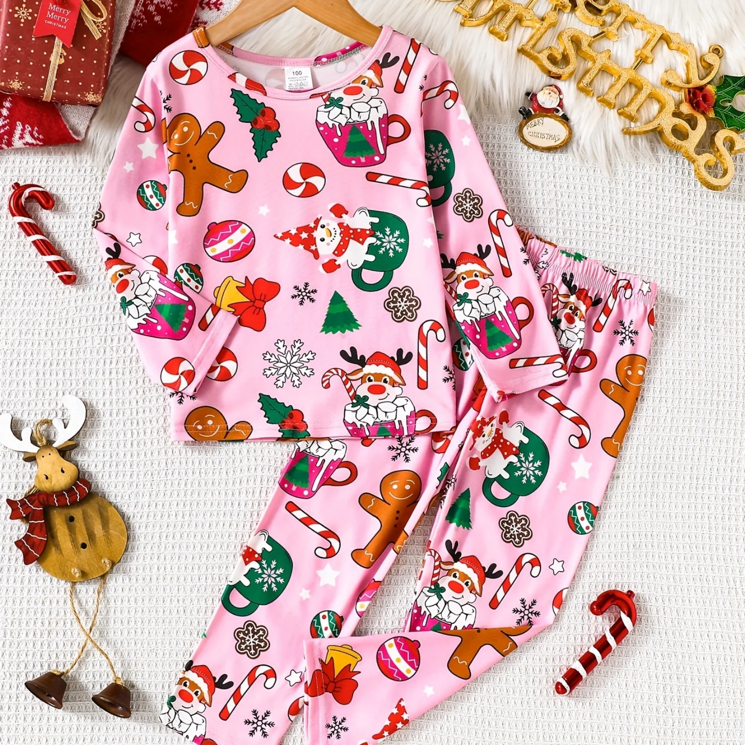 

Christmas Pajama Set, Cute Christmas Pattern Round Neck Long Sleeve Top + Printed Long Pants, Comfortable Casual Home Wear