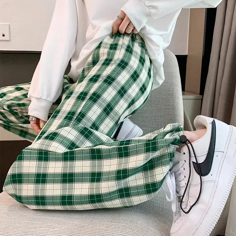Womens 2026 SS/FW Black White Plaid Sweatpants Slimming Tall Look Thin Drawstring Bundled Foot Pants