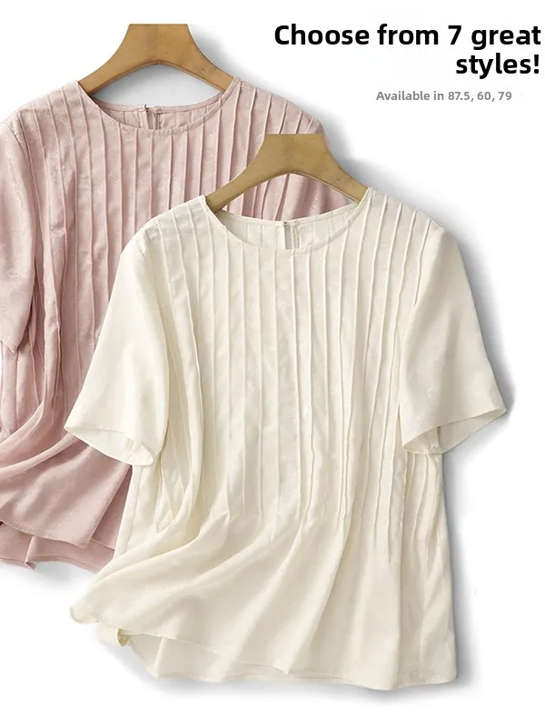 

New Chinese Sle Accordion Pleat Pure Color Satin Embroidered T-irt Large Size Women's ort Sve round Ne Traditional...