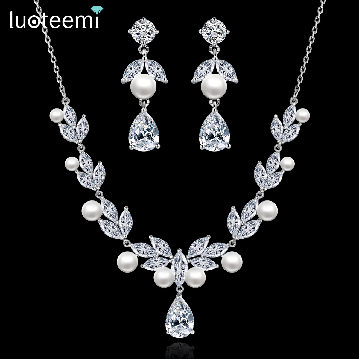 

LUOTEEMI Elegant Women Bridal Wedding Imitation Pearl Necklace Earring Jewelry Set Girl Engagement Shinning CZ Bride Fashion Set