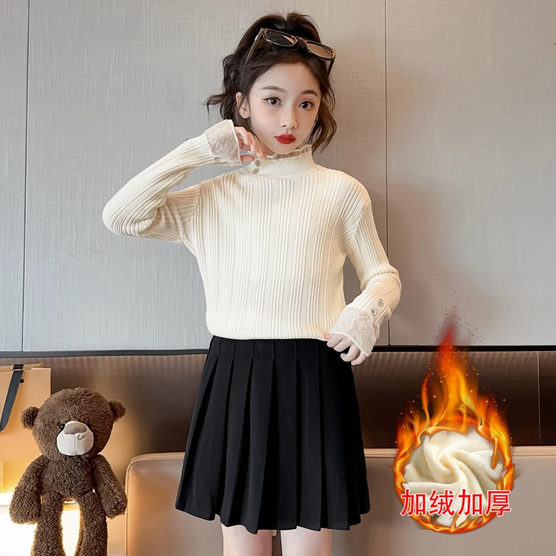 

Baby Girl Sweater Flare Sleeve Solid Color Spring Autumn Winter Child Knitted Pullover Top Lace Turtleneck Kids Undershirt TR334