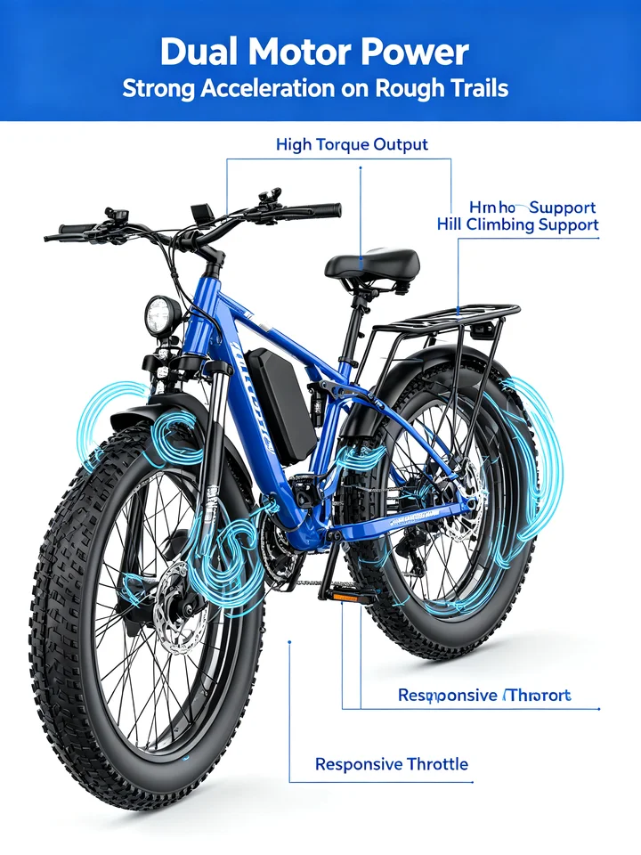 COASTA CT8 Blue 26"×4.0 Fat Tire Electric Bike Dual Motor Full Suspension E‑Bicycle 3000W Peak 60V Removable Battery Hydraulic Disc Brake Shimano 7‑Speed LCD Display LED Headlight Max Load 150KG For Snow Beach Mountain Off‑Road Riding image 2