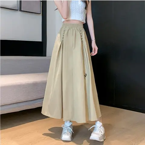 Koreanische Arbeitskleidung Stil Hohe Taille Lange A-Linie Rock frauen Sommer Neue Khaki Farbe Samba Langen Rock Frische süße Ethnischen Stil