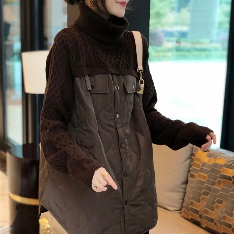 SuperAen 2024 Autumn and Winter New Women Turtleneck Knitting Spliced Quilted Coats Jacket Pullover Fashion Loose Casual Sweater