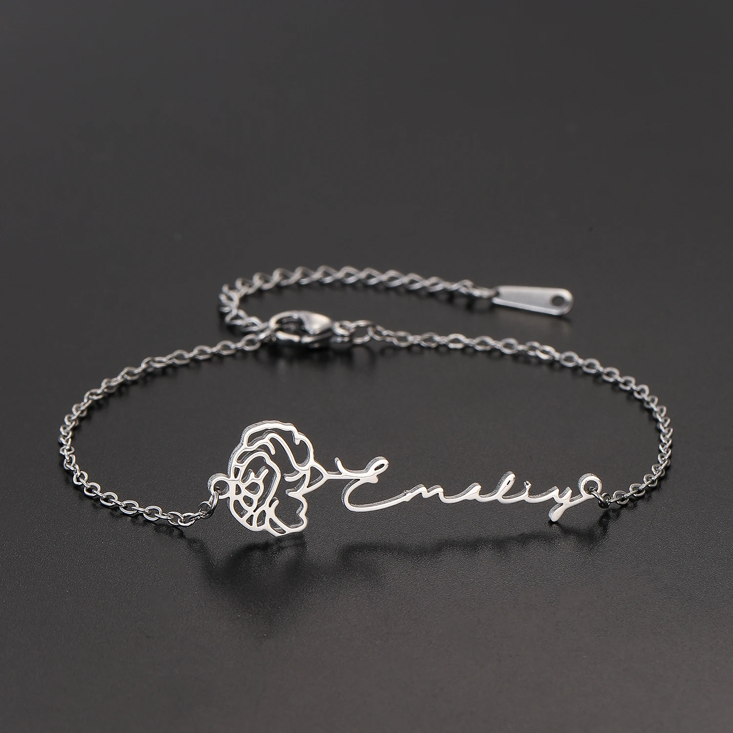 QIAMNI Custom Birth Flower Name Bracelet Stainless Steel Personalized Hand Wearing Rose Nameplate Bangle Lover Jewelry Gift