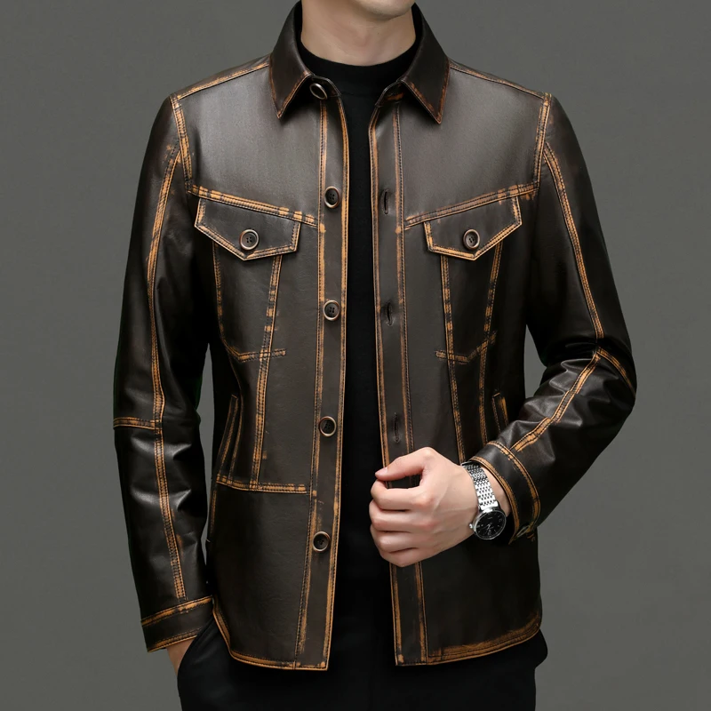 Autumn and Winter New High-end Fashion Men\'s Business Leisure Haining Leather Boutique Leather Coat Lapel Jacket Sheepskin Coat