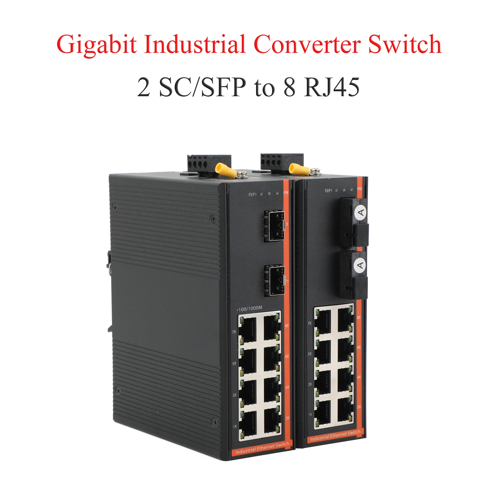 Industrial Media Converter, 2 Fiber SC Port & 8 Port Gigabit Ethernet, Single Mode 20KM Converter with SFP Slot, 12-48V DC