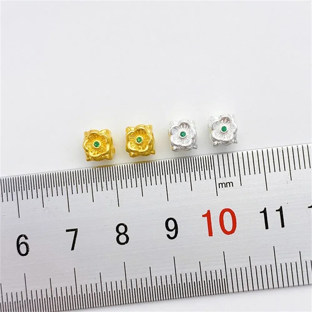 

18K Gold and Silver Slightly Inlaid Green Zircon Square Flower Bead Spacer Handmade DIY Bracelet Necklace Jewelry Accessories