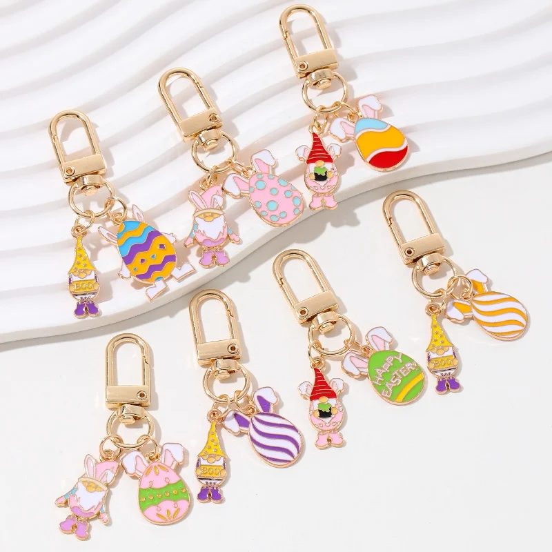 Cute Colorful Easter Eggs Elderly Enamel Keychain Cartoon Animal Rabbit Funny Keyring For Making Handmade DIY Jewelry Souvenir