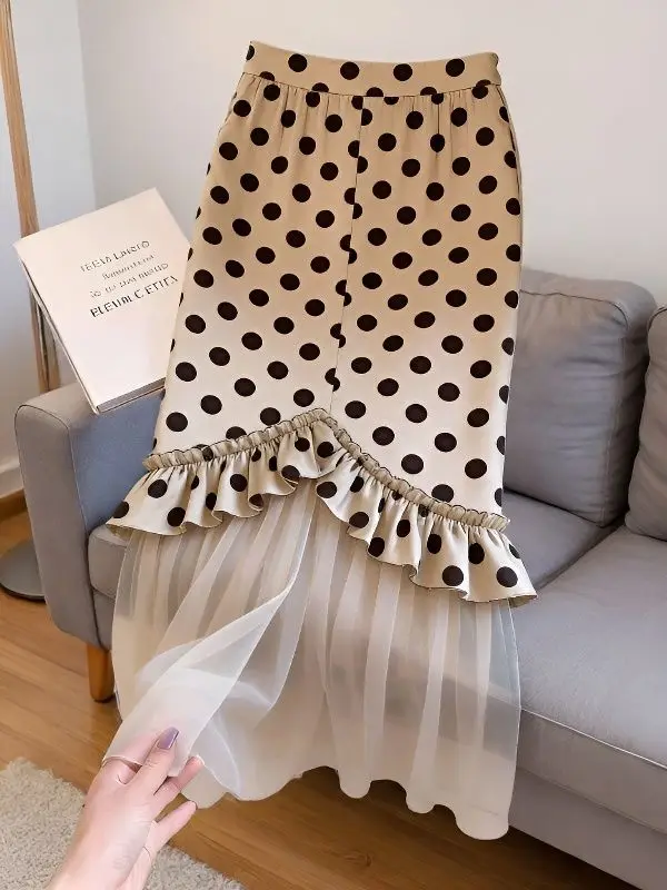 

Lace Polka Dot Spliced Mesh Skirt Women's 2026 Spring New Fashion Temperament Midi Skirt