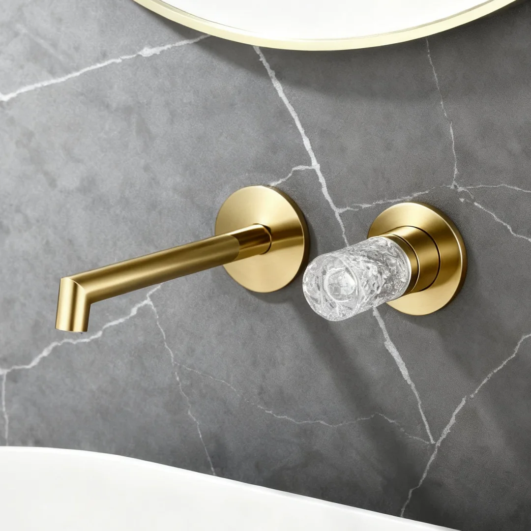 

Brushed Gold Bathroom Faucet Concealed Grey Sink Faucet Wall Mounted Basin Tap Spout Mixer Tap Set Combination Blanoir Brass tap