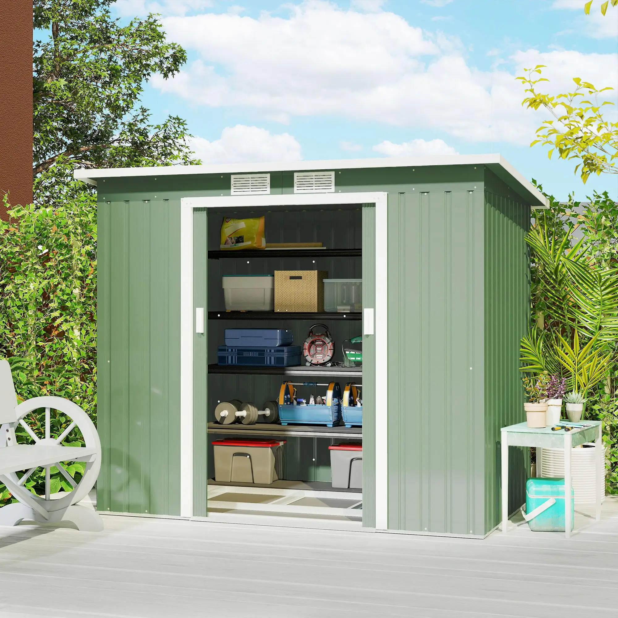 Abri à outils galvanisé 7x4 pieds avec double porte et ventilation pour outils et mobilier de jardin