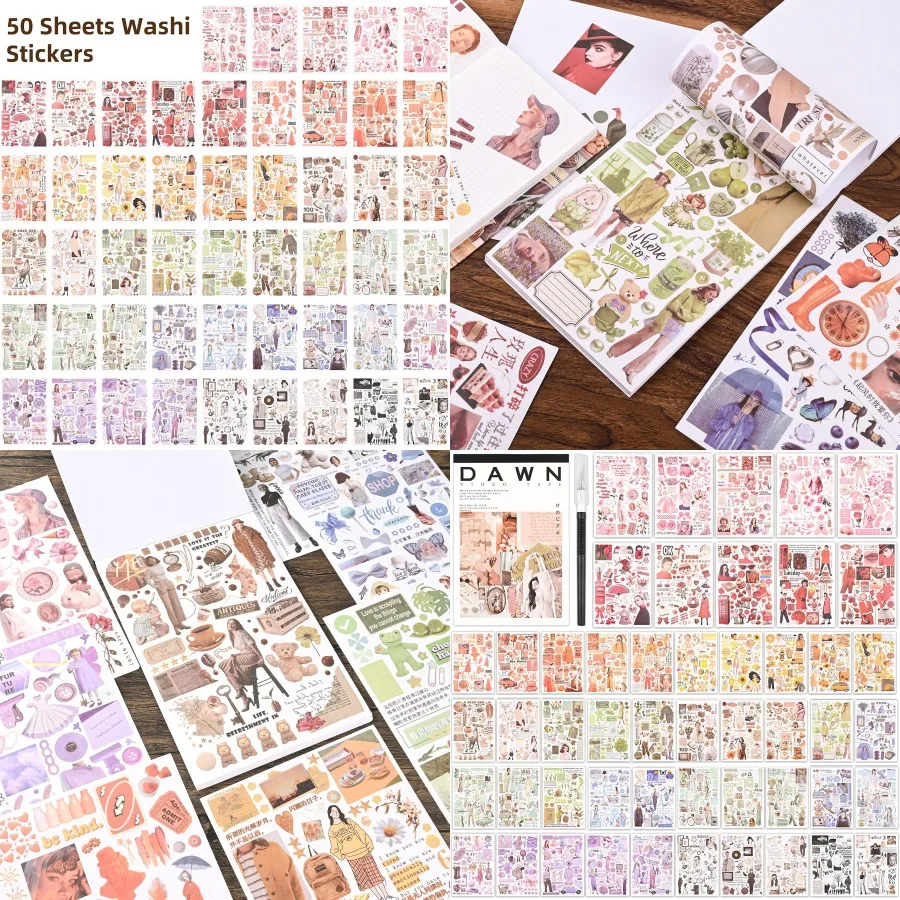 

Vintage Washi Stickers for Scrapbooking and Junk Journals: 50 Sheets Aesthetic Sticker Book with Art Bullet Journal Supplies fo