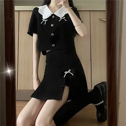 Party Women's Two Piece Set Lightly Cooked Short Sleeve Slit Commuting Skirt Female Outfits Mini Kawaii Black Vacation 2024 Full