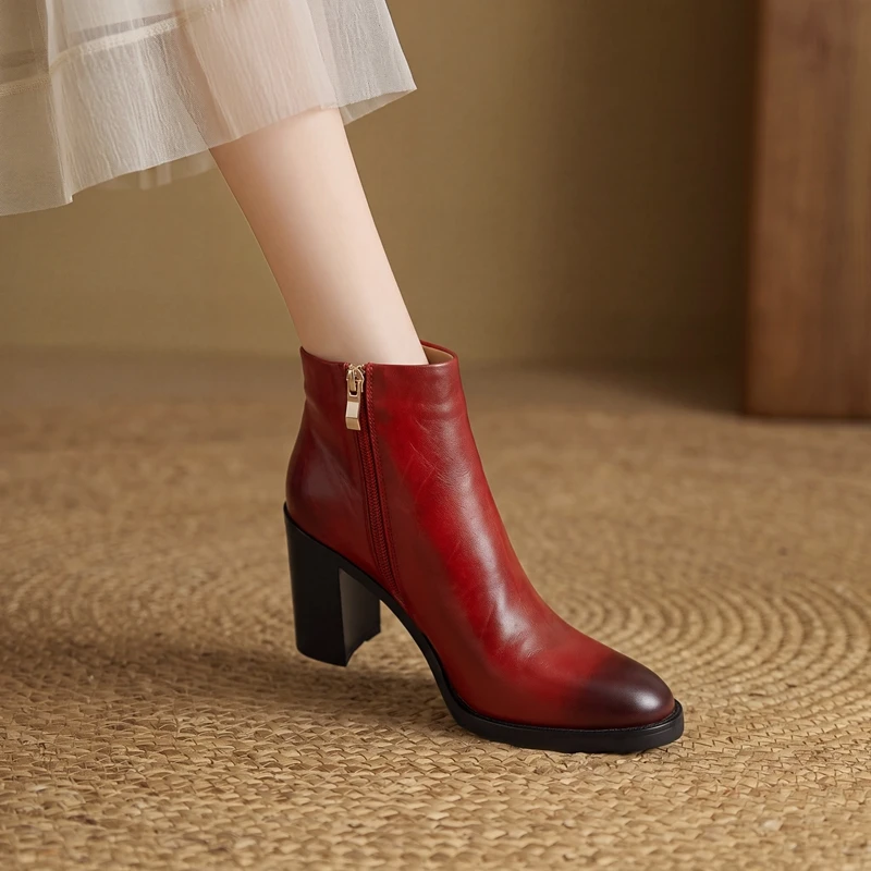 Block Heel Square Toe Ankle Booties Red Black Back Zipper Round Toe Real Picture Handmade Runway Women Dress Shoes Chunky Heel