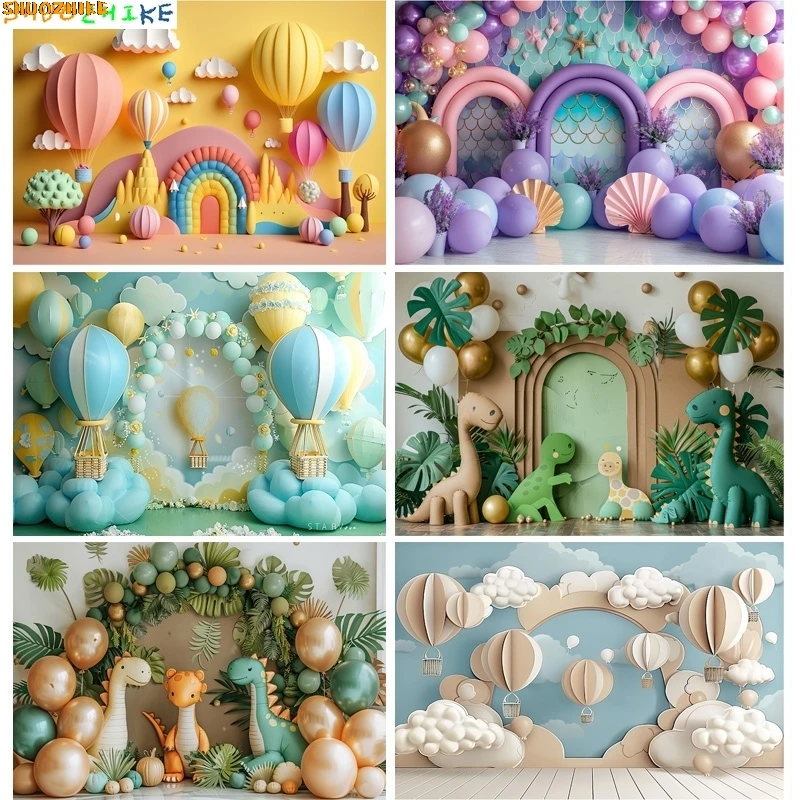 

Hot Air Balloon Dinosaurs Abstract Photography Backdrop Banner Birthday Party Decoration Seashell Mermaid Background ZI-02