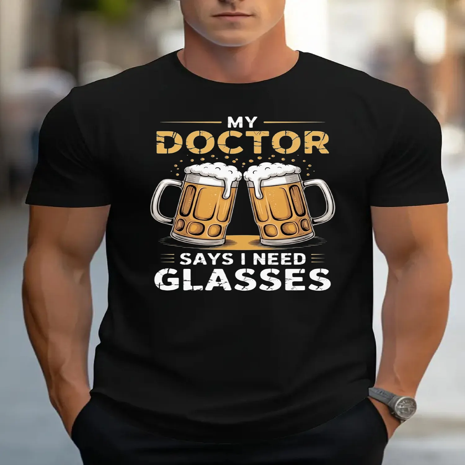 Men's Funny _The Doctor Said I Need Glasses_ Beer Mug Full-Body Print T-Shirt - Soft Fabric Casual Round Neck Tee Suitable for Parties, Holidays Casual Attire - Funny Shirt for Comedy Lovers (Ye Cotton Tee, Gift For Him