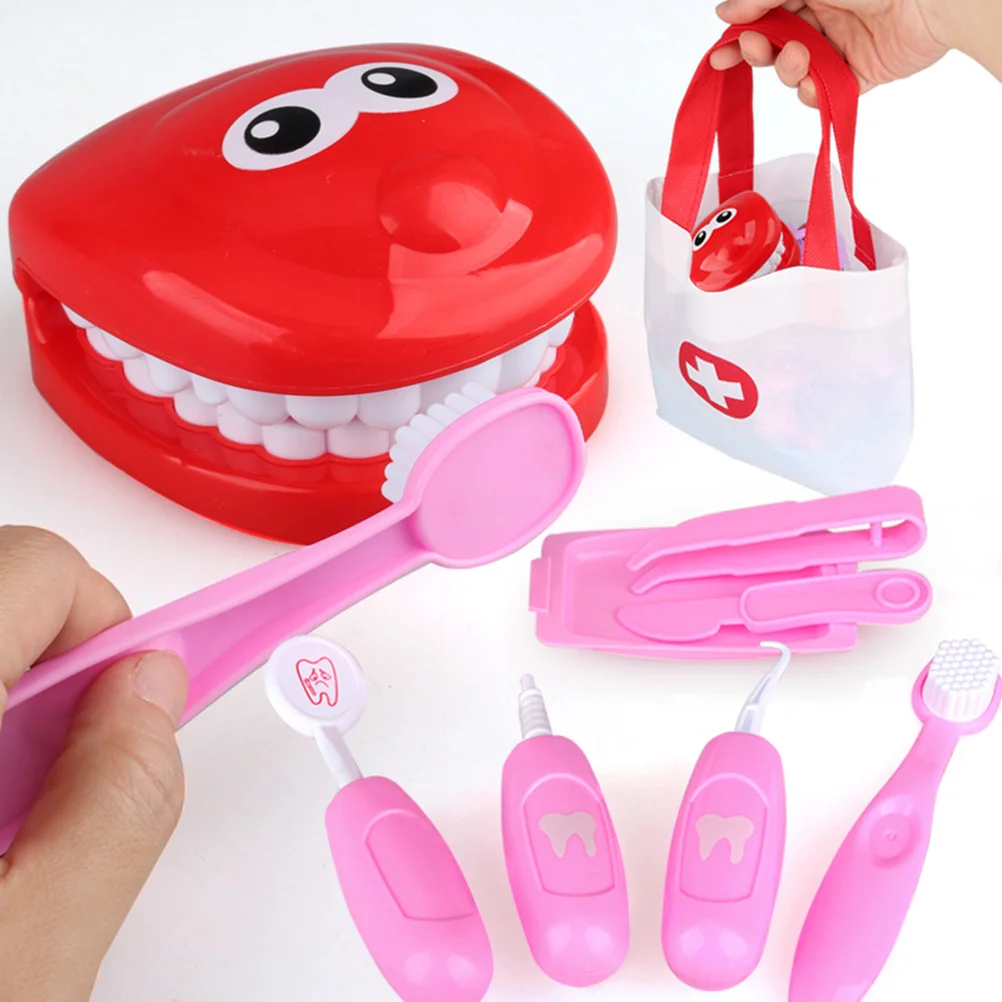 9 pçs dentista brinquedo simulação escovação dentadura jogo equipamento médico do bebê brinquedo fingir jogar médico brinquedo (rosa)