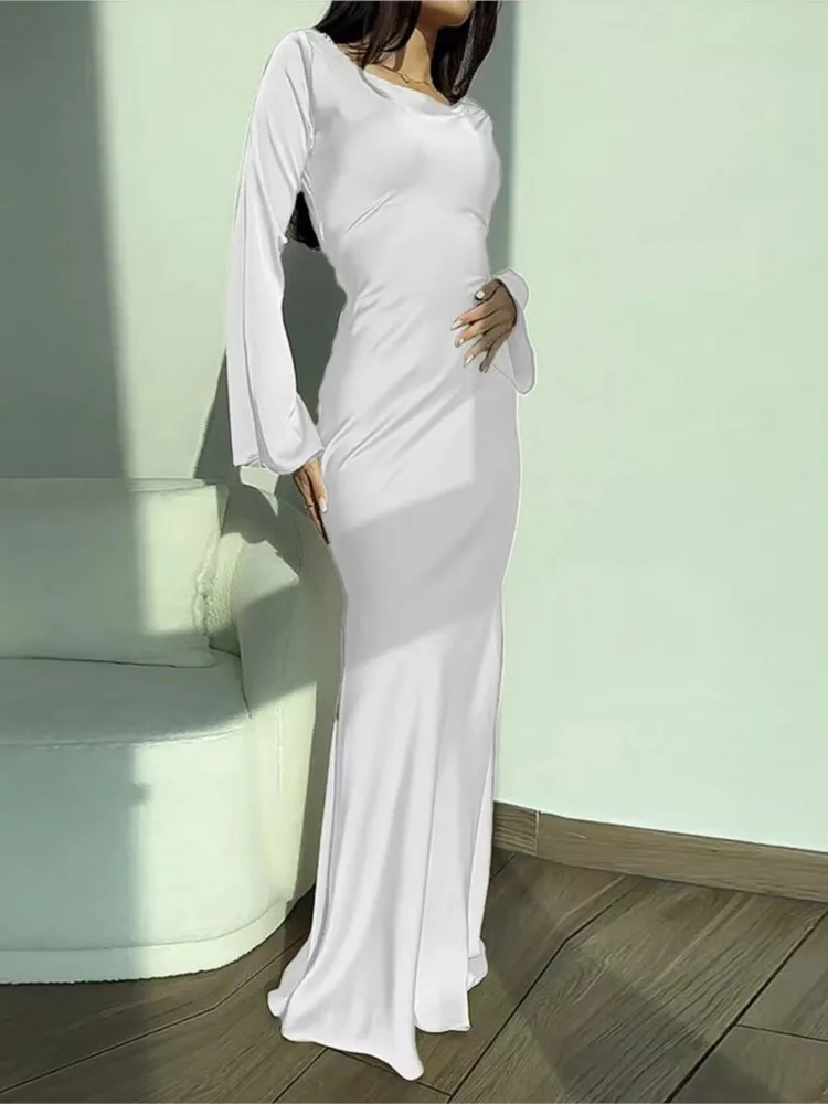 

2025 Spring Autumn Elegant Satin Long Dress Women Solid Flare Sleeve Lace Up Dresses Female Evening Party Clothes Ladies Vestido