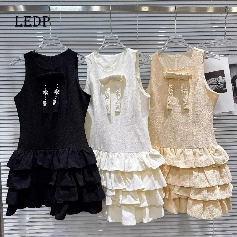 

2026 Spring Pearl Flower Bow Design Women's Dress Korean Sweet Cute Age Reduction Waist-cinching Slimming Vest Dresses Ladies