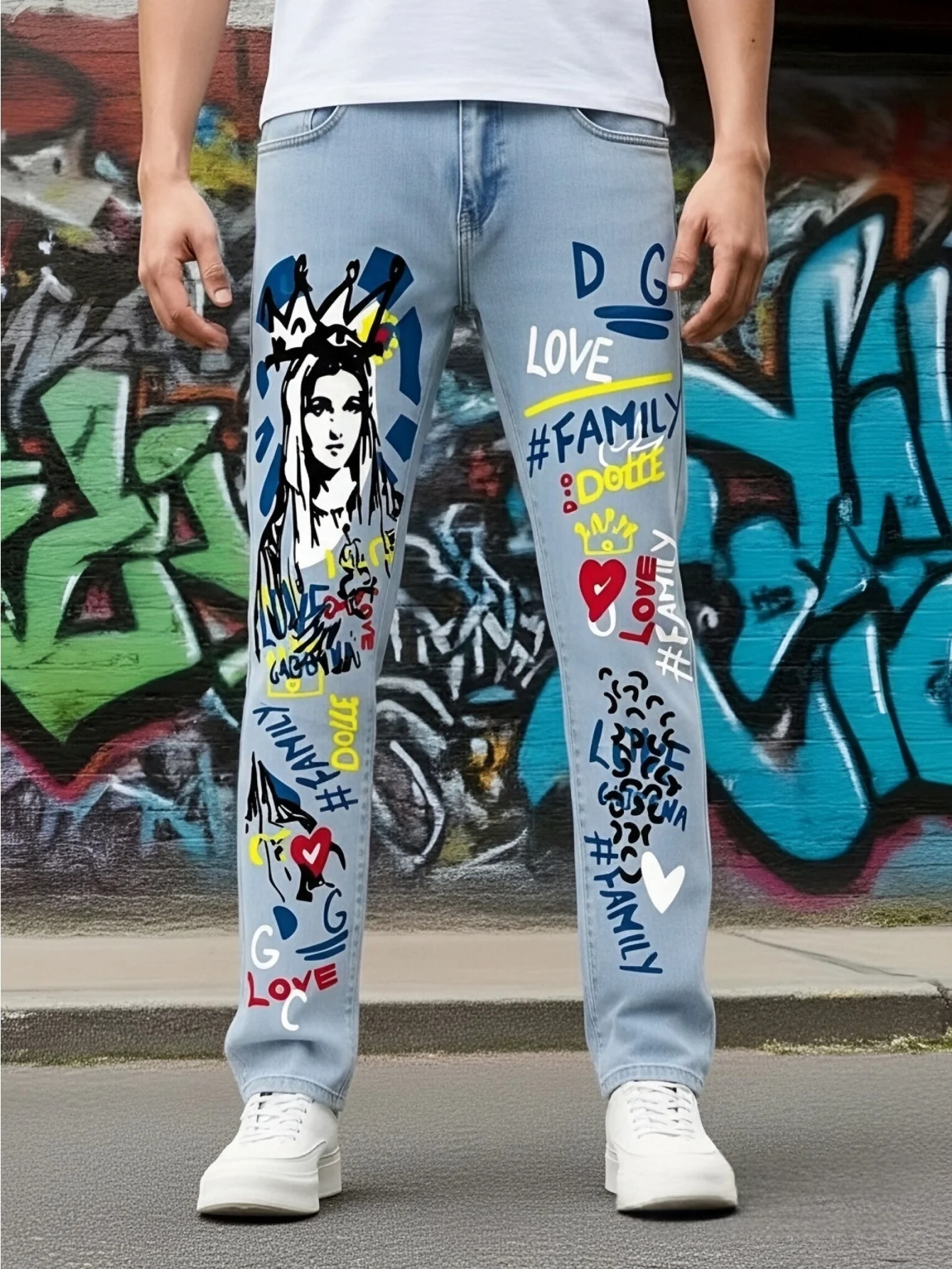 Fashionable Printed Men's Jeans   Classic And Versatile Light Blue Color   Suitable For All Seasons And For High Street Fashion