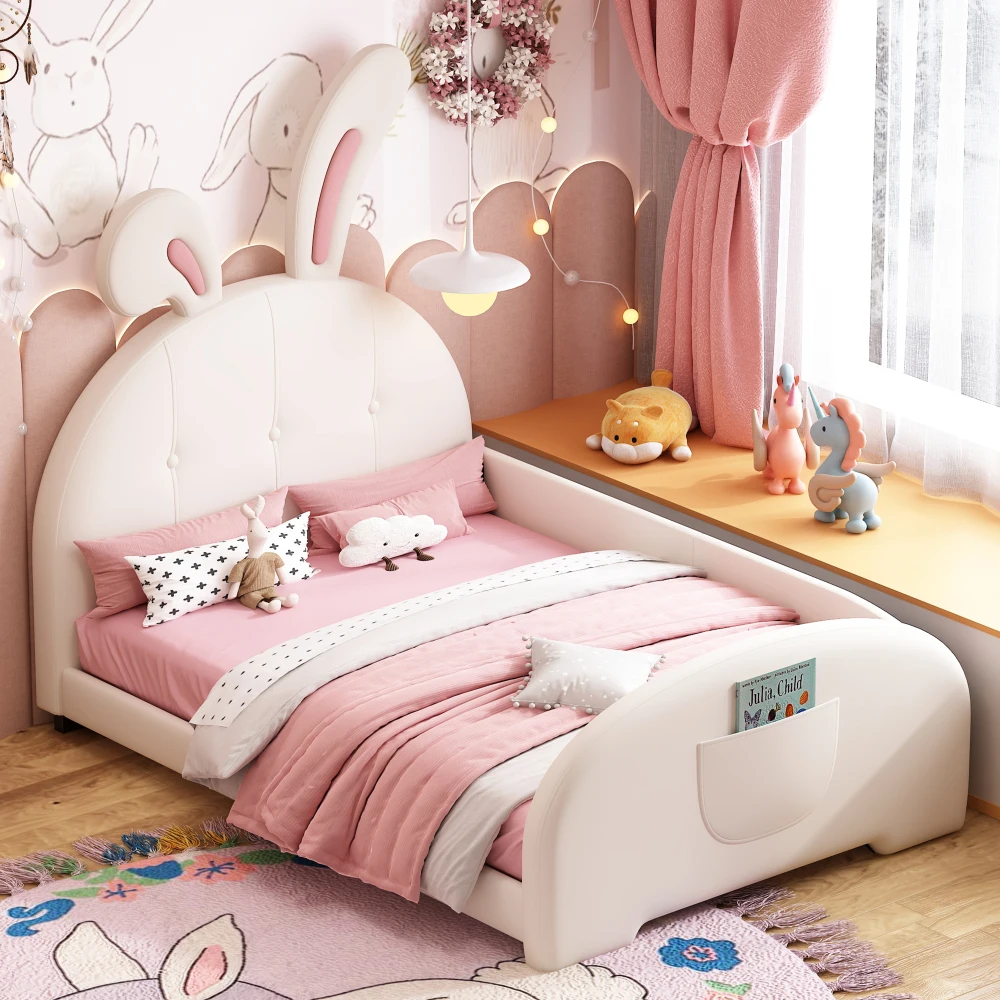 

Twin Size Rabbit-Shape Upholstered Princess Bed w/ Headboard&Footboard,White (Old SKU WF311629AAK)