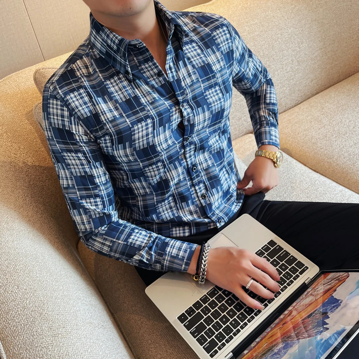 

Мужская приталенная эластичная клетчатая рубашка с длинными рукавами, повседневная свободная рубашка с длинными рукавами