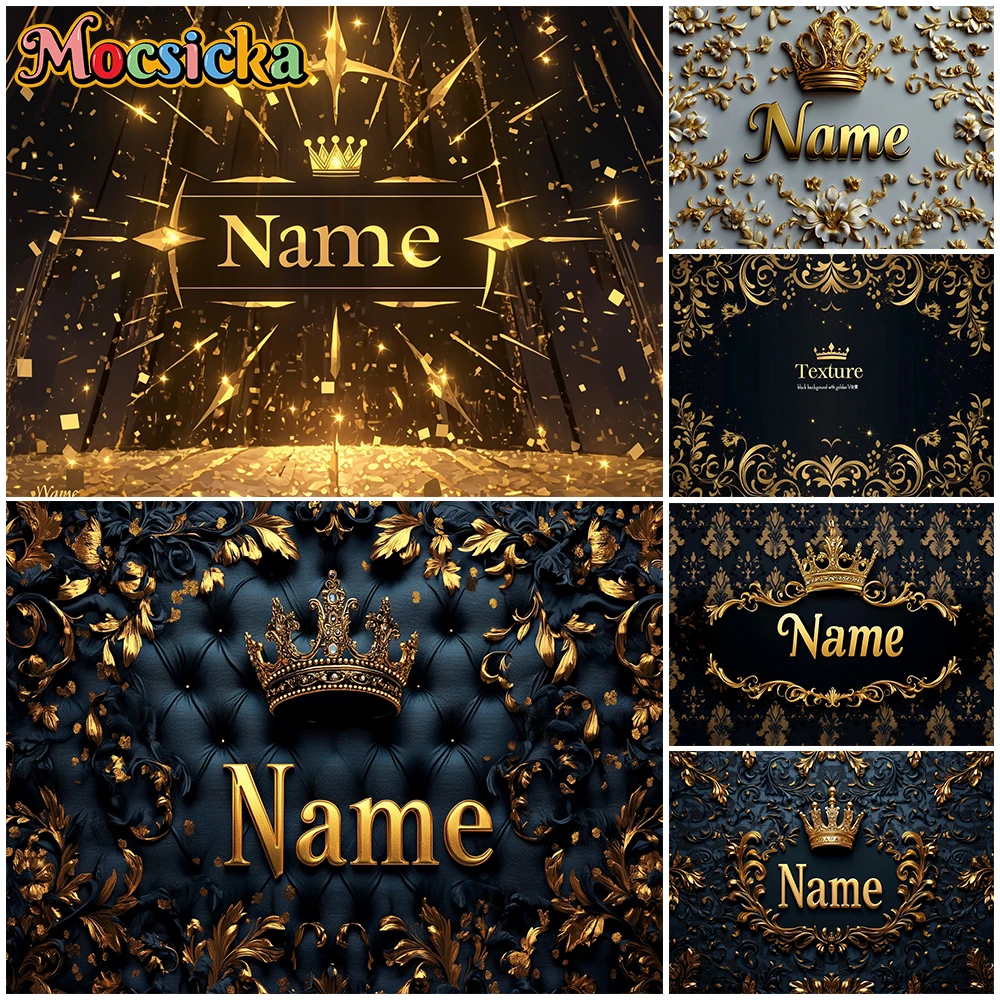 

Mocsicka Gold Crown Custom Name Background Photography Birthday Wedding Backdrop Art Flower Decoration Banner Shooting Photocall