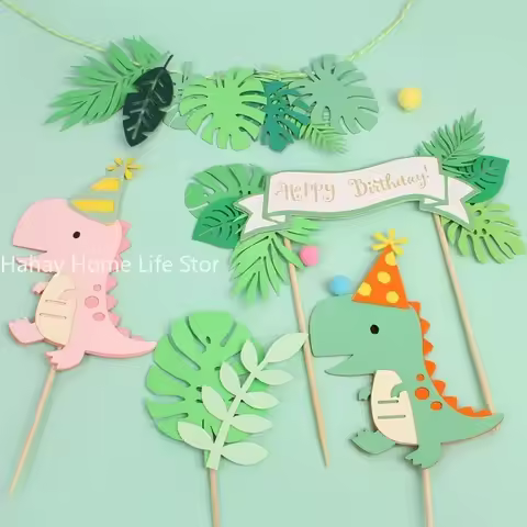 Dinosaur Cake Toppers Jungle Safari Dino Theme Party Cake Decor Palm Leaves Kids Birthday Party Decorations Baby Shower Supplies