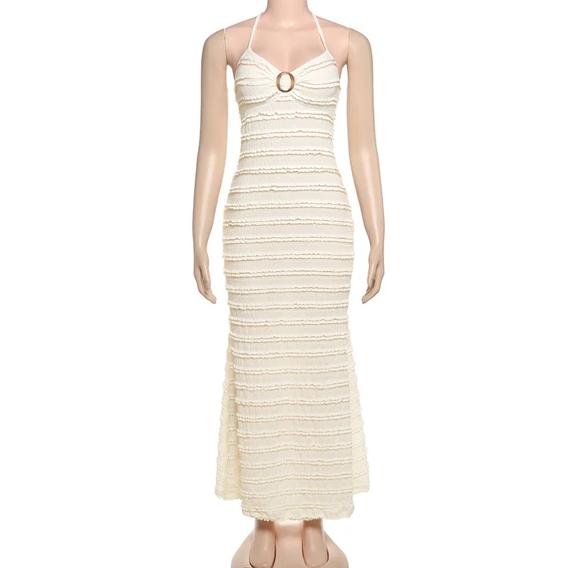 Em camadas de renda babados plissado bodycon maxi vestido feminino sexy sólido rendas halter sem costas férias praia festa longo robe vestidos