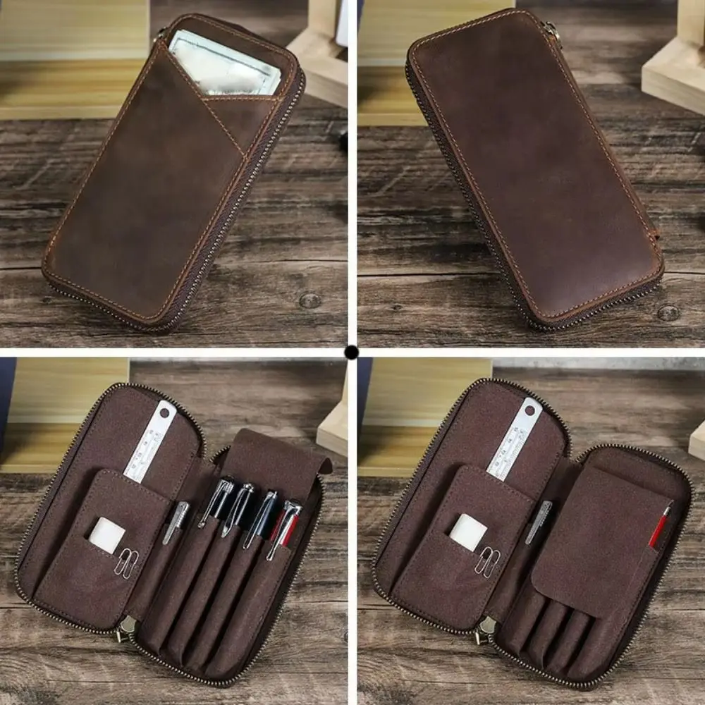 Handmade Leather Genuine Leather Pencil Case Vintage Style Crazy Horse Leather Pen Case 4 Slots Design Pencil Bag