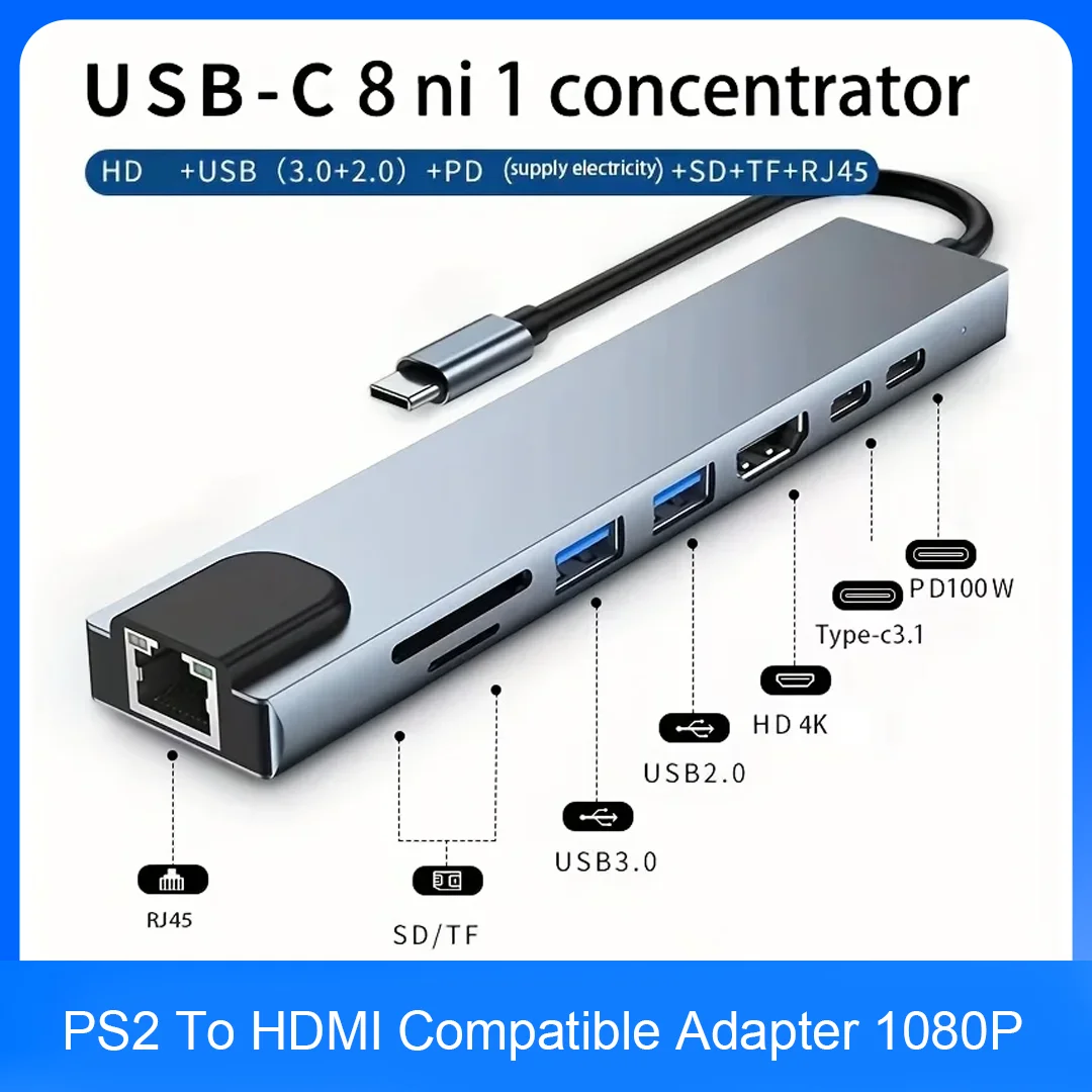 PD 100W Charging,8-in-1 USB C Hub, 4K High-Definition TV, 100Mbps Ethernet Multi Port Hub, 5Gbps USB C and 2 USB A Data Ports, 