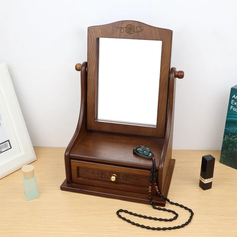 

YB Nostalgia Makeup Mirror, Chinese Style Desktop Vanity Mirror 360 Spin Rectangle Single Mirror Bedroom Retro Beauty Mirror