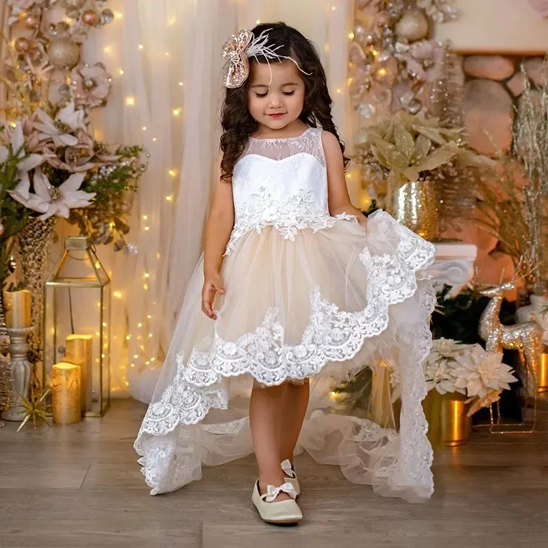 Flower Girl Dress Lace Bow Front Short Back Long Little Girl Children Wedding Birthday Holiday Party Holy First Communion Gown