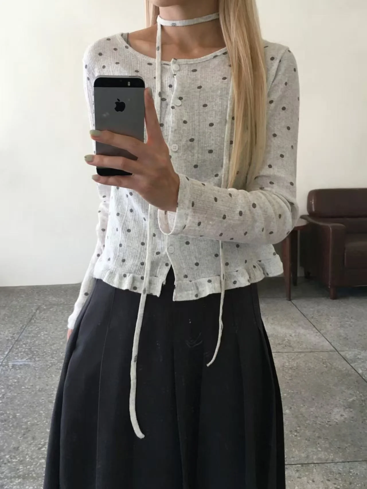 

Retro Japanese Polka Dot Lace Casual round Ne Open Cardigan Scarf Two Piece Set Women's Soft Knitted Sweater Spring Autumn