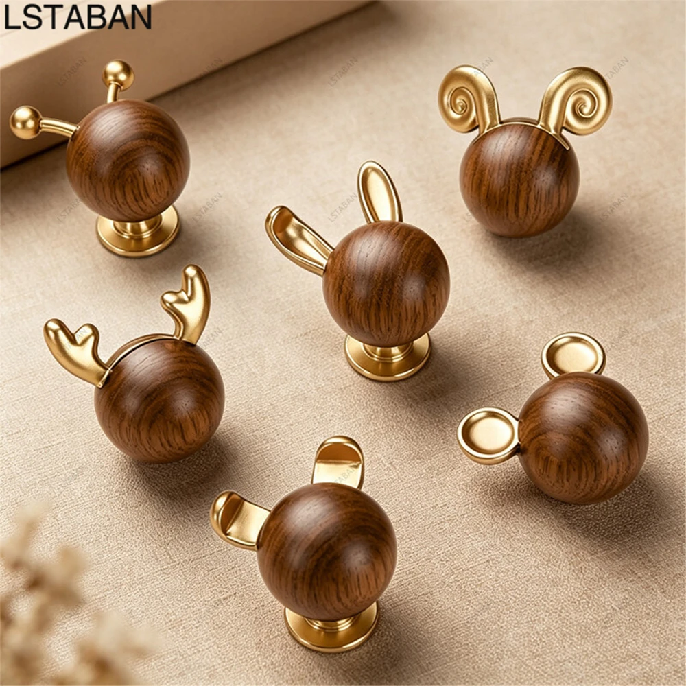 Wood Woodworking - ลูกบิดตู้ครัวลายการ์ตูนสัตว์สำหรับเด็กทำจากไม้วอลนัทธรรมชาติรูเดียวสำหรับลิ้นชักตู้เสื้อผ้าประตูตู้อุปกรณ์ดึงลิ้นชัก
