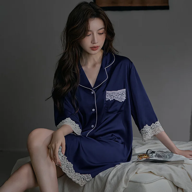 

French Elegance Women Lace Edge Long Nightdress Fashion Luxury Brand Lady Natural Real Silk Nightgowns Women Summer Loose